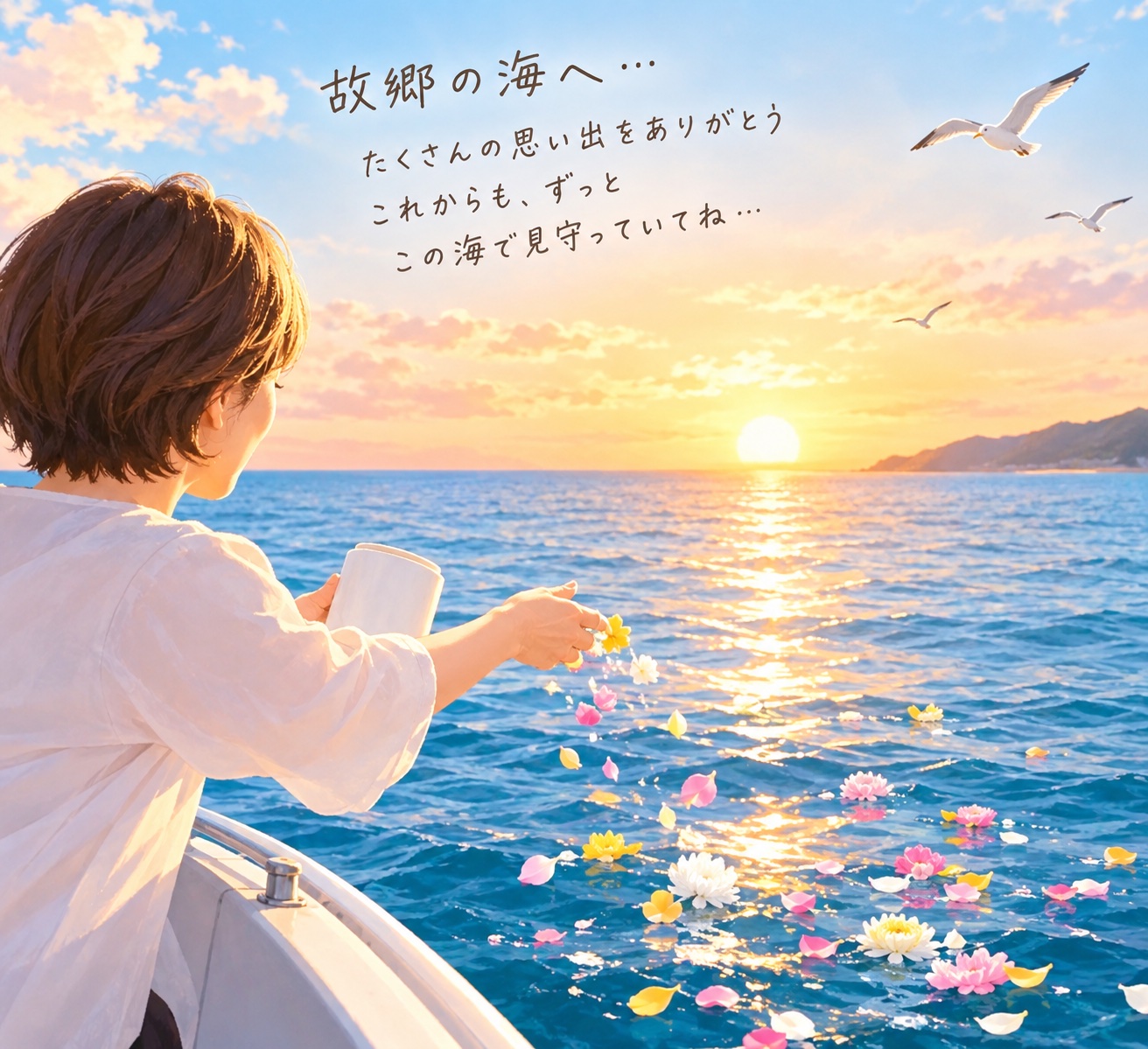 海洋散骨のイメージイラスト。夕日の海に花びらをまく女性