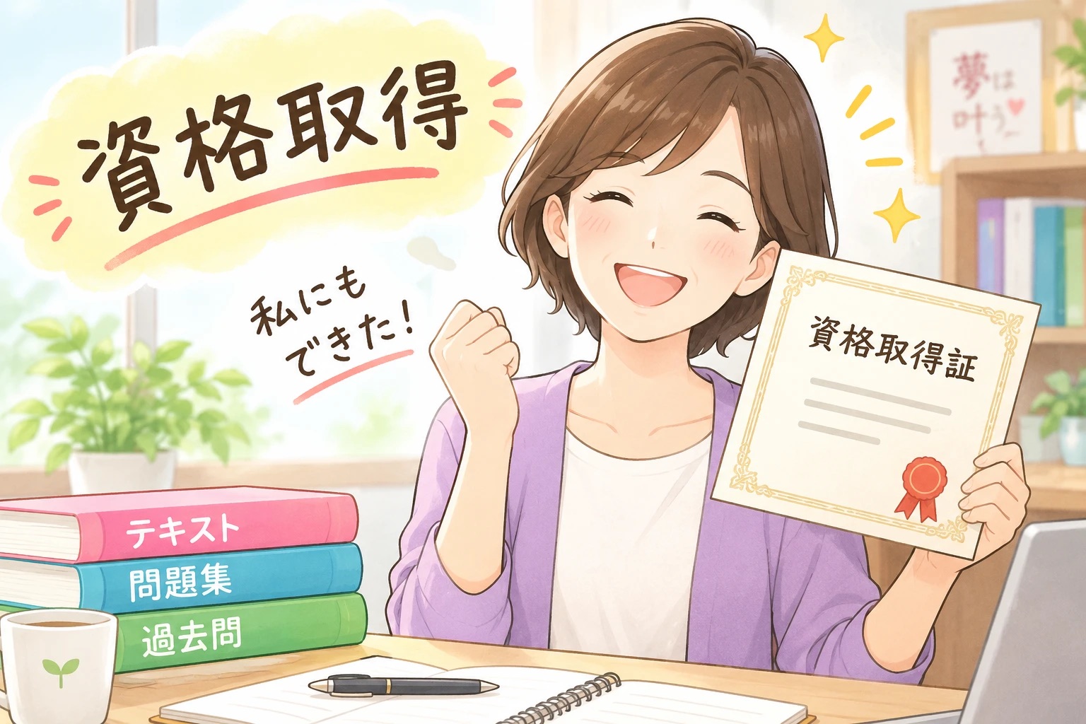 資格取得証を手に「私にもできた!」と喜ぶ女性のイラスト