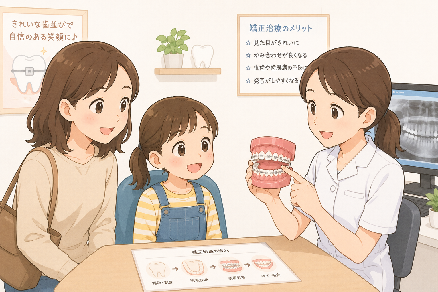 歯科矯正の説明を受ける親子のイラスト