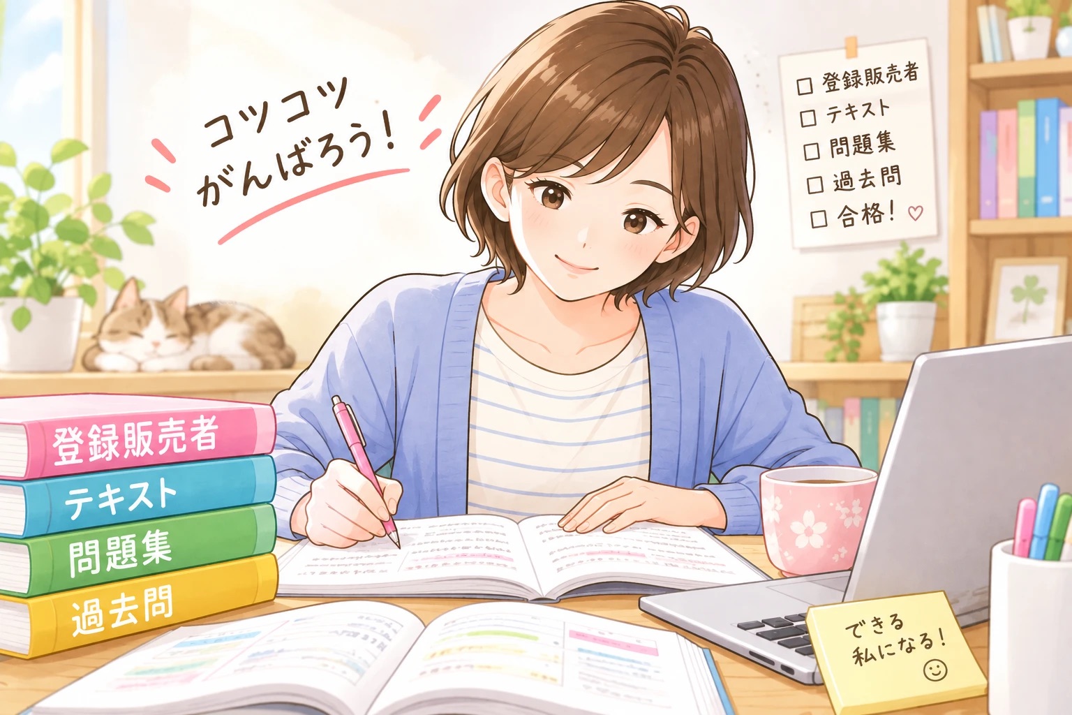 「コツコツがんばろう!」と登録販売者のテキストで勉強する女性のイラスト